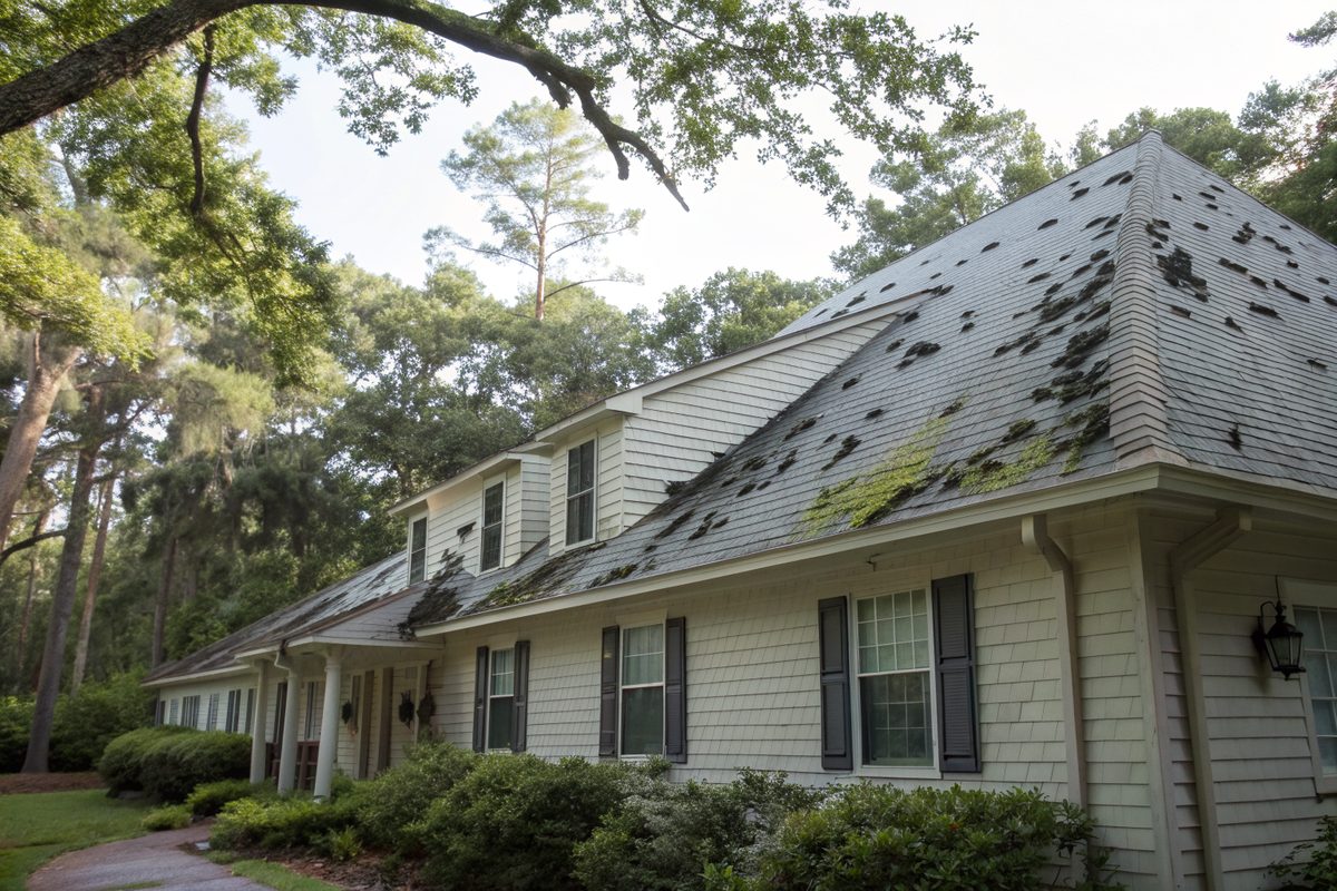 Black algae streaks on a light gray shingle roof