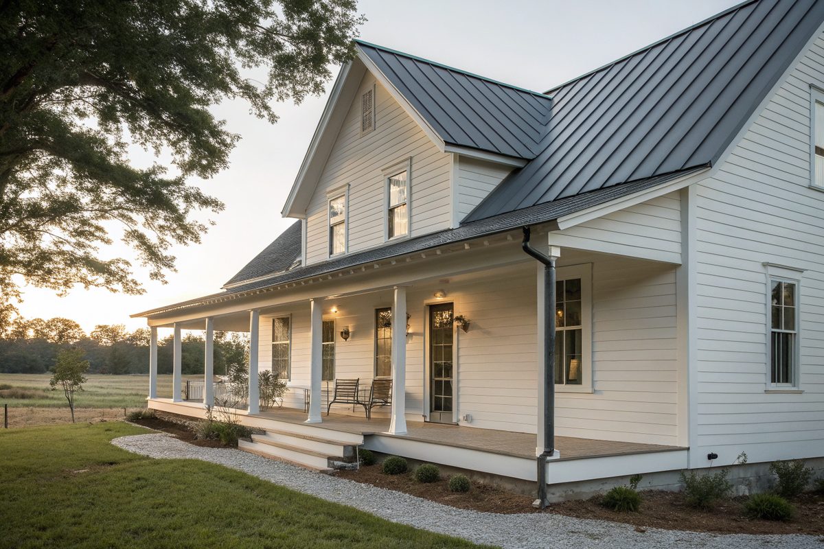 A charcoal standing-seam metal roof over a country porch