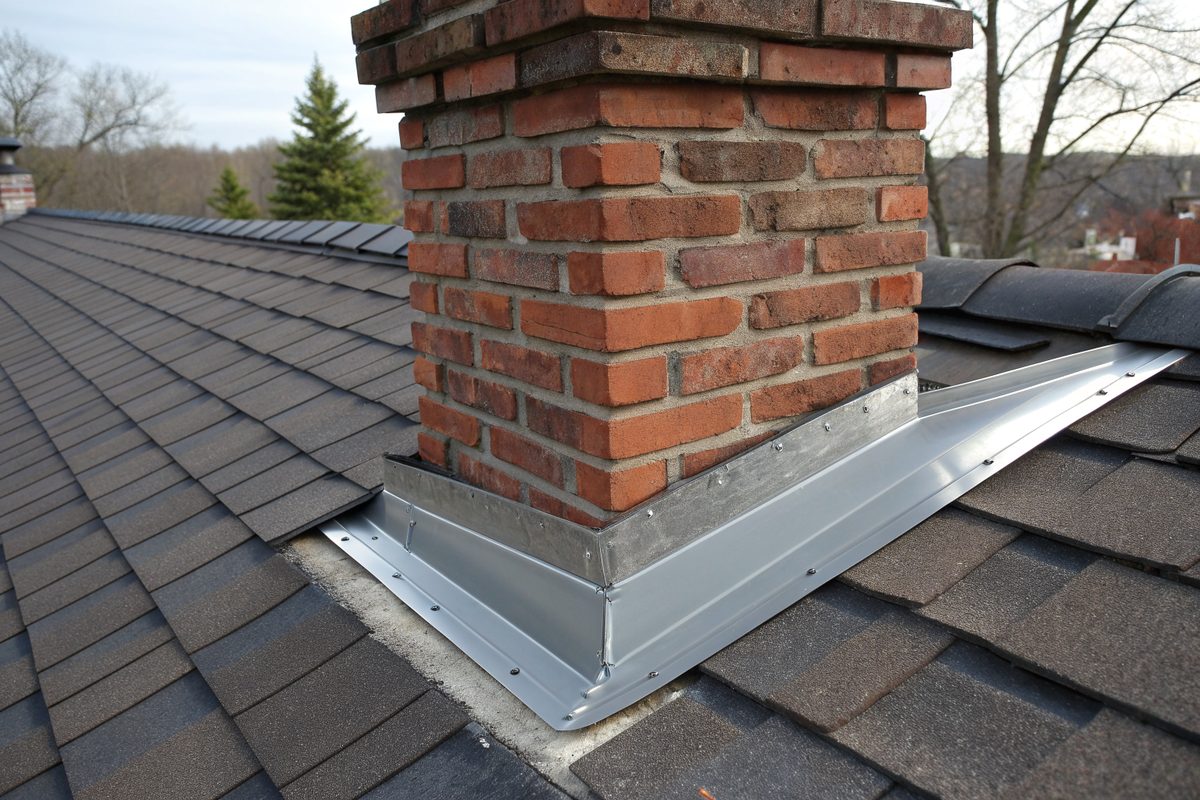 New metal flashing where a shingle roof meets a brick chimney