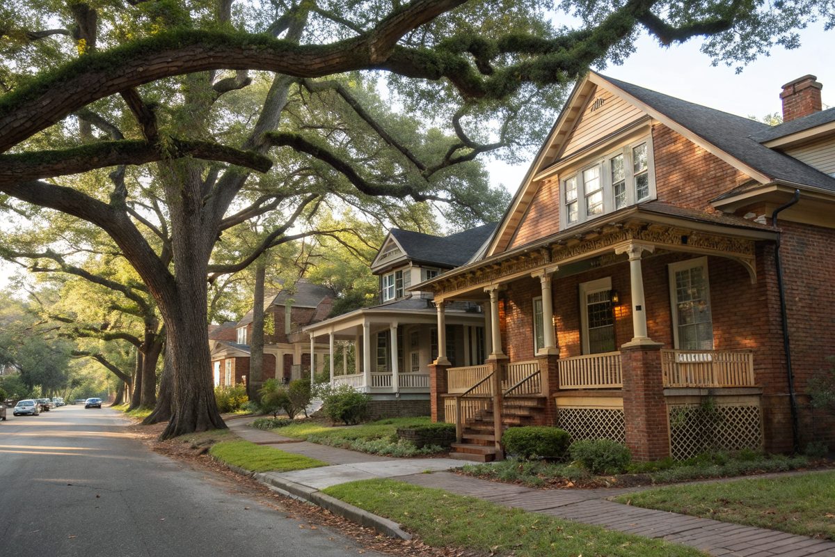 Older bungalows with porches under big oaks near a campus