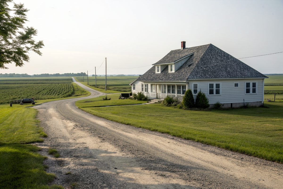 A farmhouse with a gray shingle roof at the end of a gravel drive