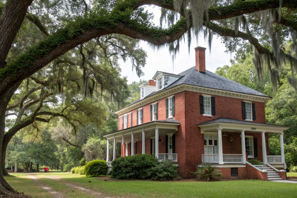 A two-story brick house with a charcoal shingle roof under willow oaks