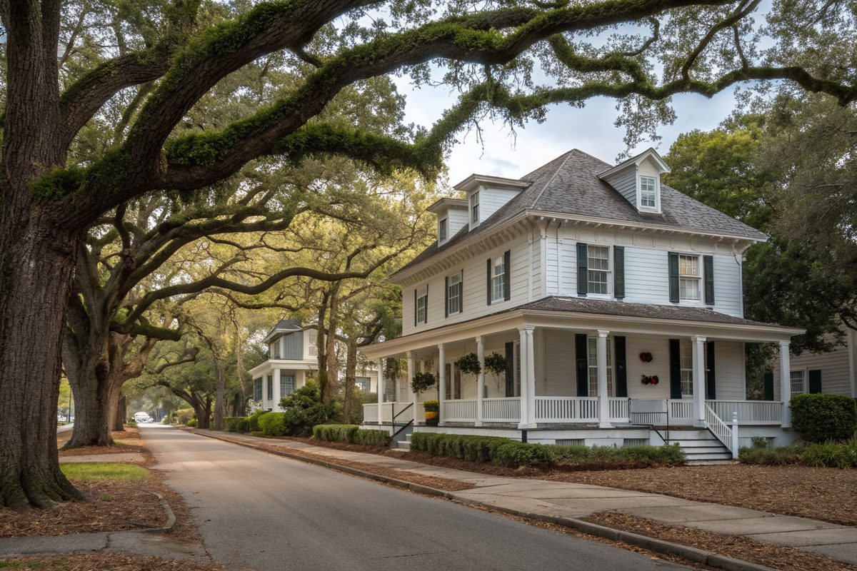 A restored foursquare house with a porch on a historic street