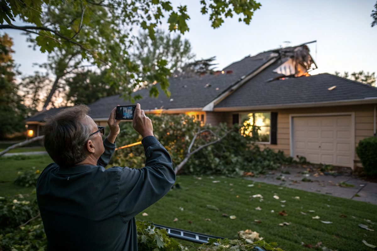 A homeowner photographing his roof with a phone after a storm