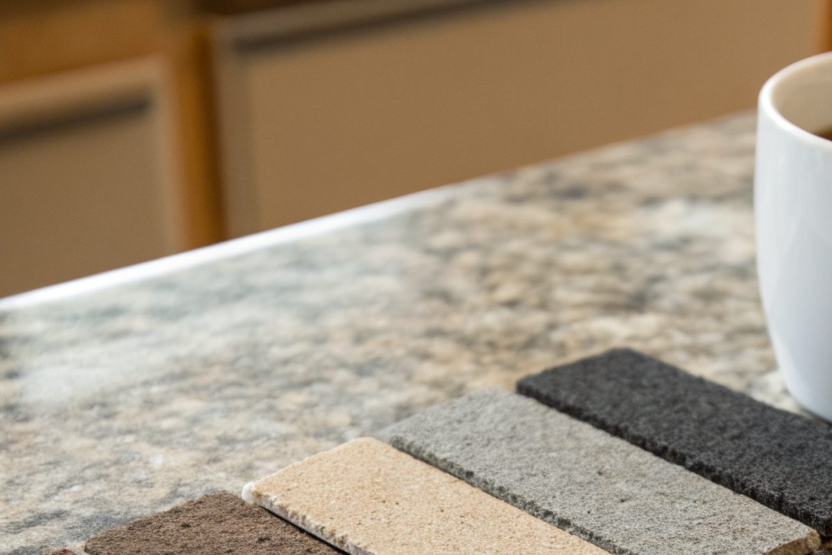 Shingle color samples spread on a kitchen table