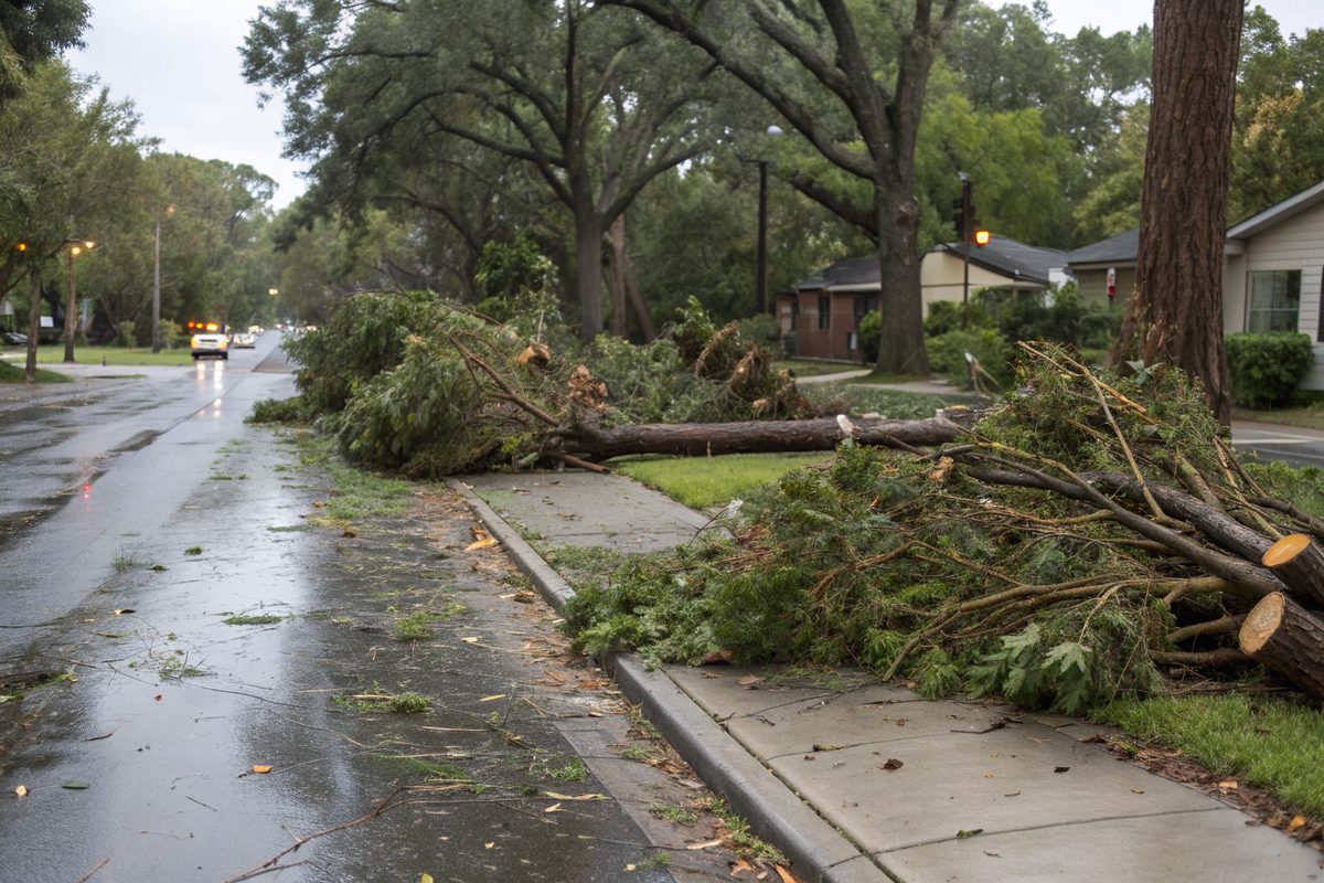 Broken limbs piled along a curb after a tropical storm