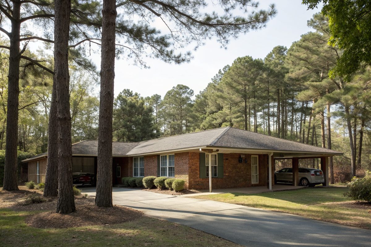 A mid-century brick ranch with a low gray roof and carport