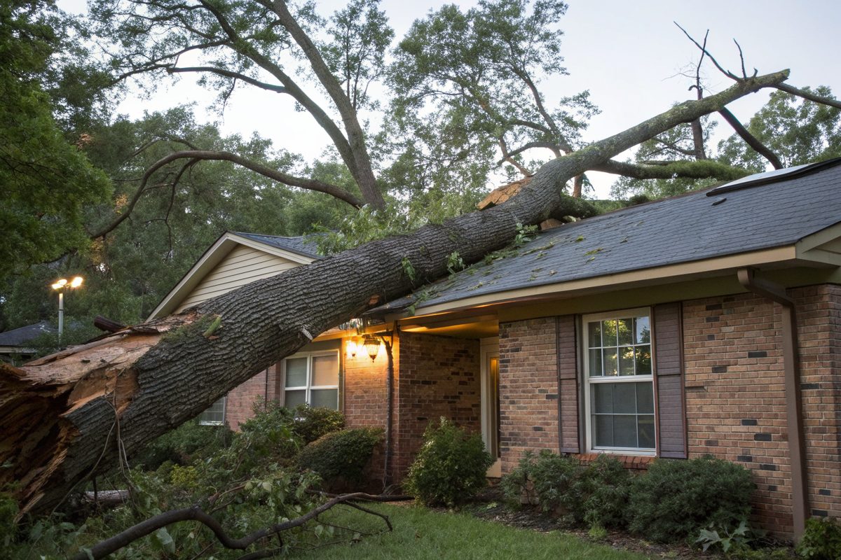 A broken oak limb across a brick ranch roof after a hurricane