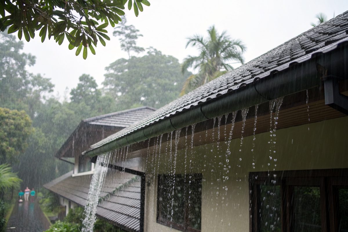 Heavy rain pouring off a dark shingle roof