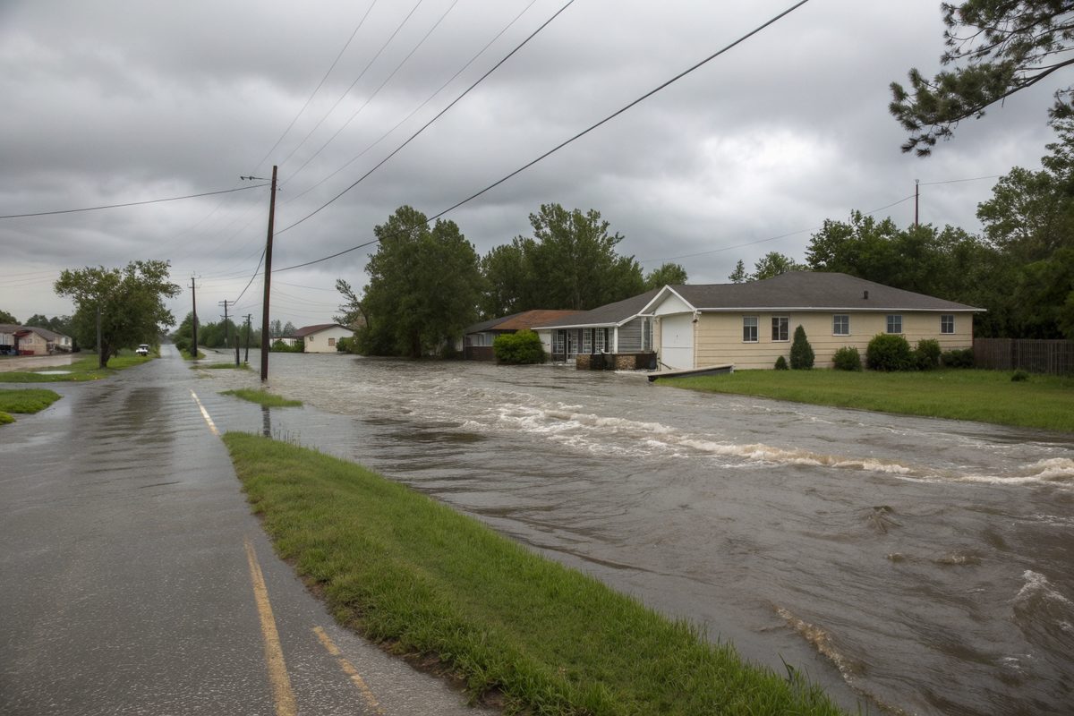 Floodwater covering yards and a road in a neighborhood