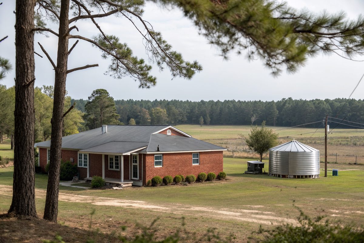 A brick ranch house with a metal-roof shed on a rural lot