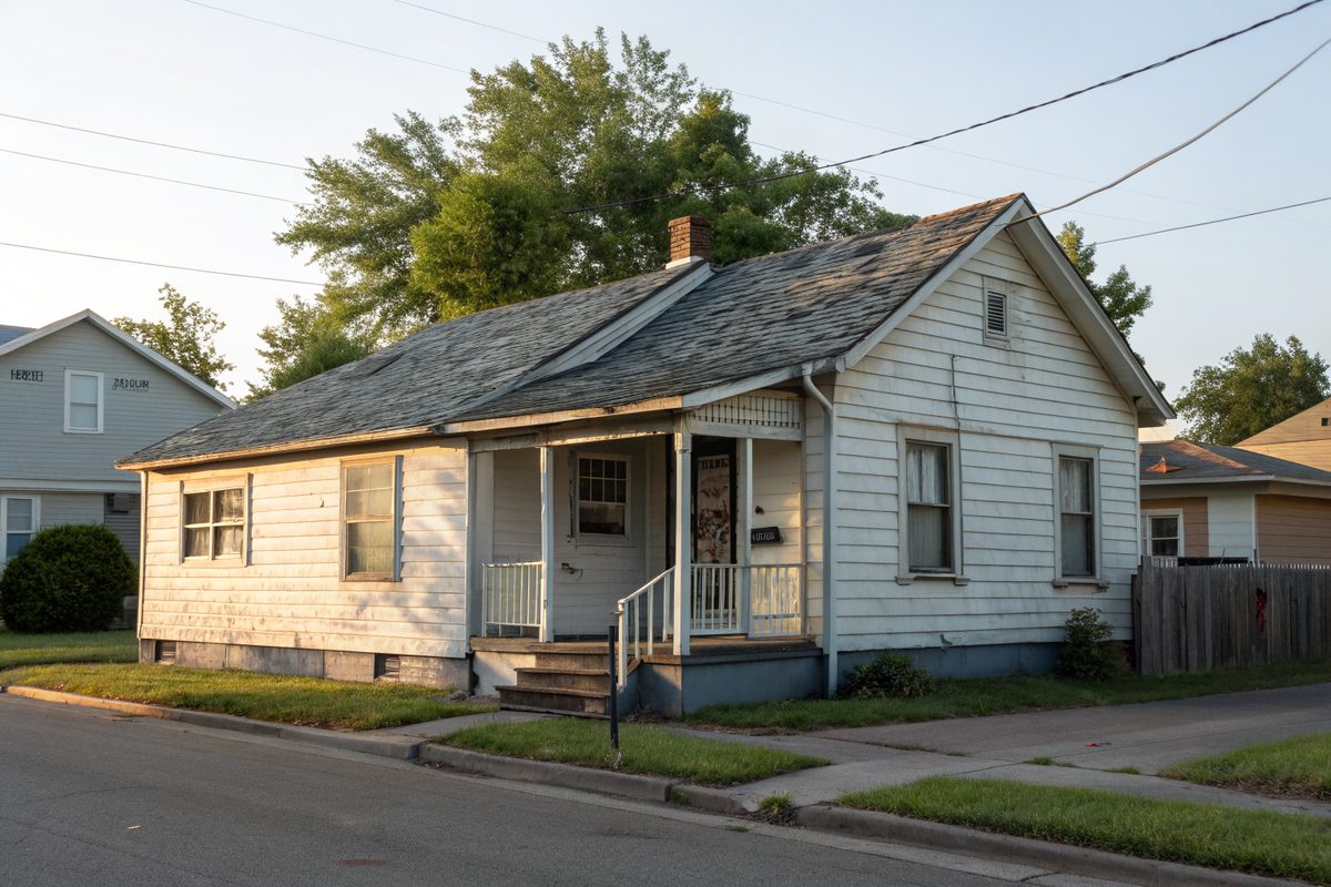 A frame rental house with a worn, streaked shingle roof