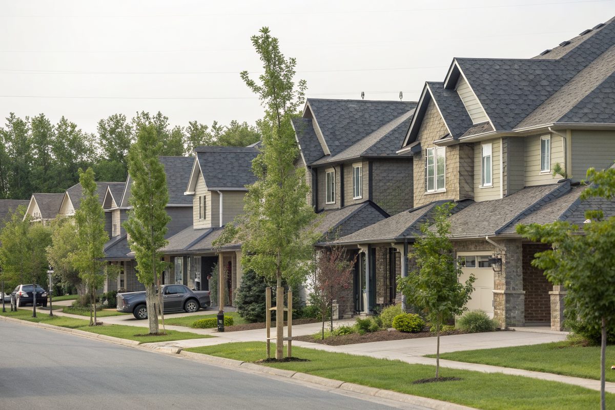 Newer two-story homes with gray roofs in a subdivision