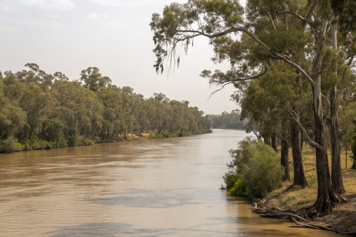 A wide river lined with cypress trees