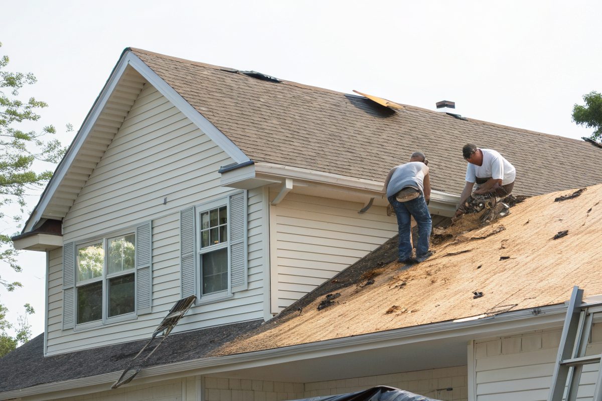 A two-story roof stripped to its plywood deck during a tear-off