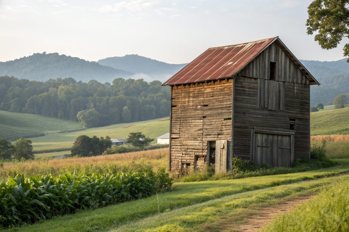 An old tobacco barn with a metal roof beside a field