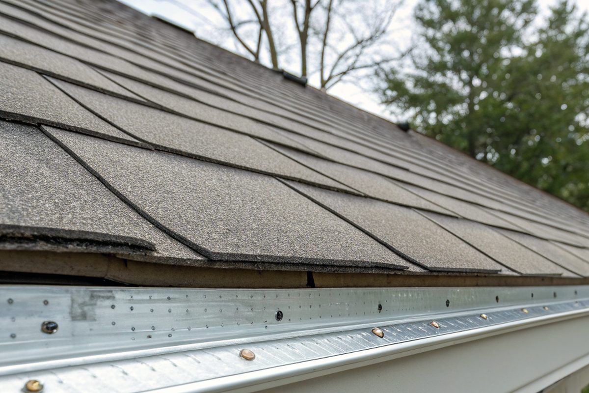 A new drip edge along the eave of a freshly shingled roof