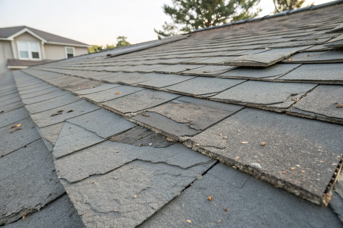 Wind-creased and lifted shingle tabs on a gray roof